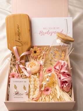 Bridesmaid Proposal Gift Box - Pink & Natural Bamboo Accents